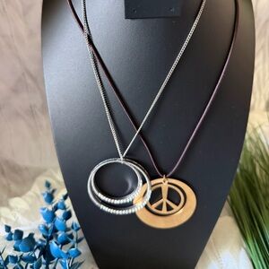 Silver double loops rhinestone and Gold tone Peace Pendant Necklace